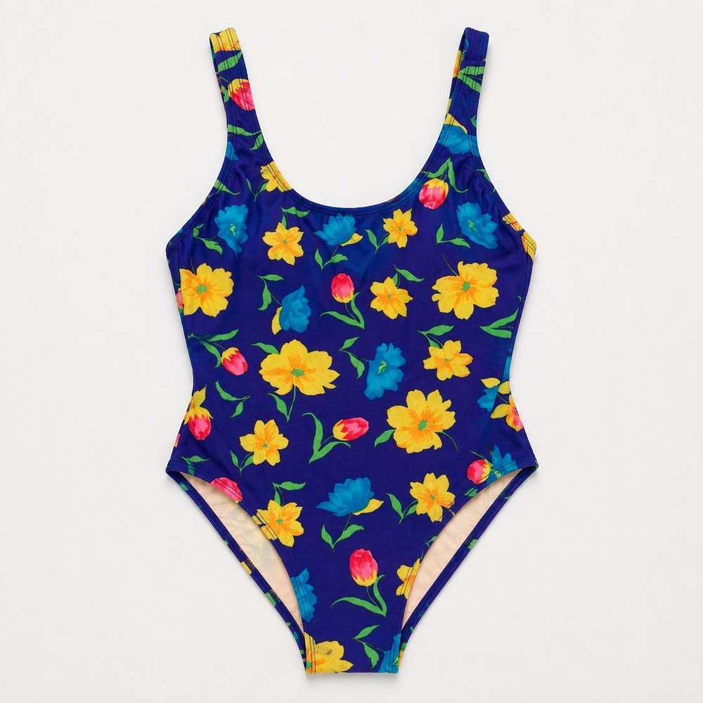Liz Claiborne Vtg Floral One Piece Swimsuit Purple Yellow Blue Size 14 Dopamine